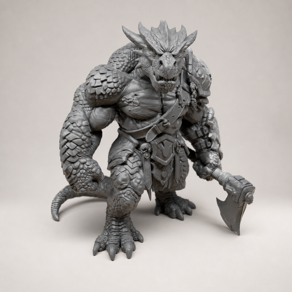 Massiver Dragonborn-Krieger – Fantasy-Skulptur mit Streitaxt FehnFactory