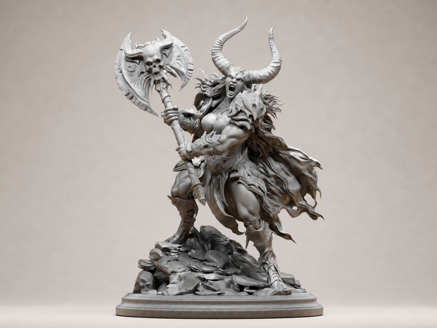 Dämonenkriegerin mit Totenkopf-Axt – Dark-Fantasy Skulptur FehnFactory