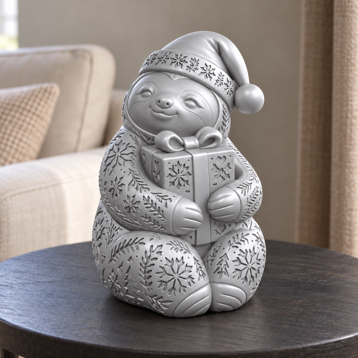 Faultier mit Geschenk – Silber – handbemalt | Visualisierung