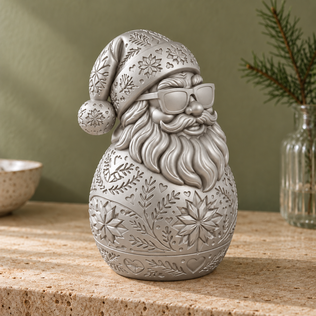 Weihnachtsmann-Büste mit Sonnenbrille – Silber – handbemalt | Visualisierung