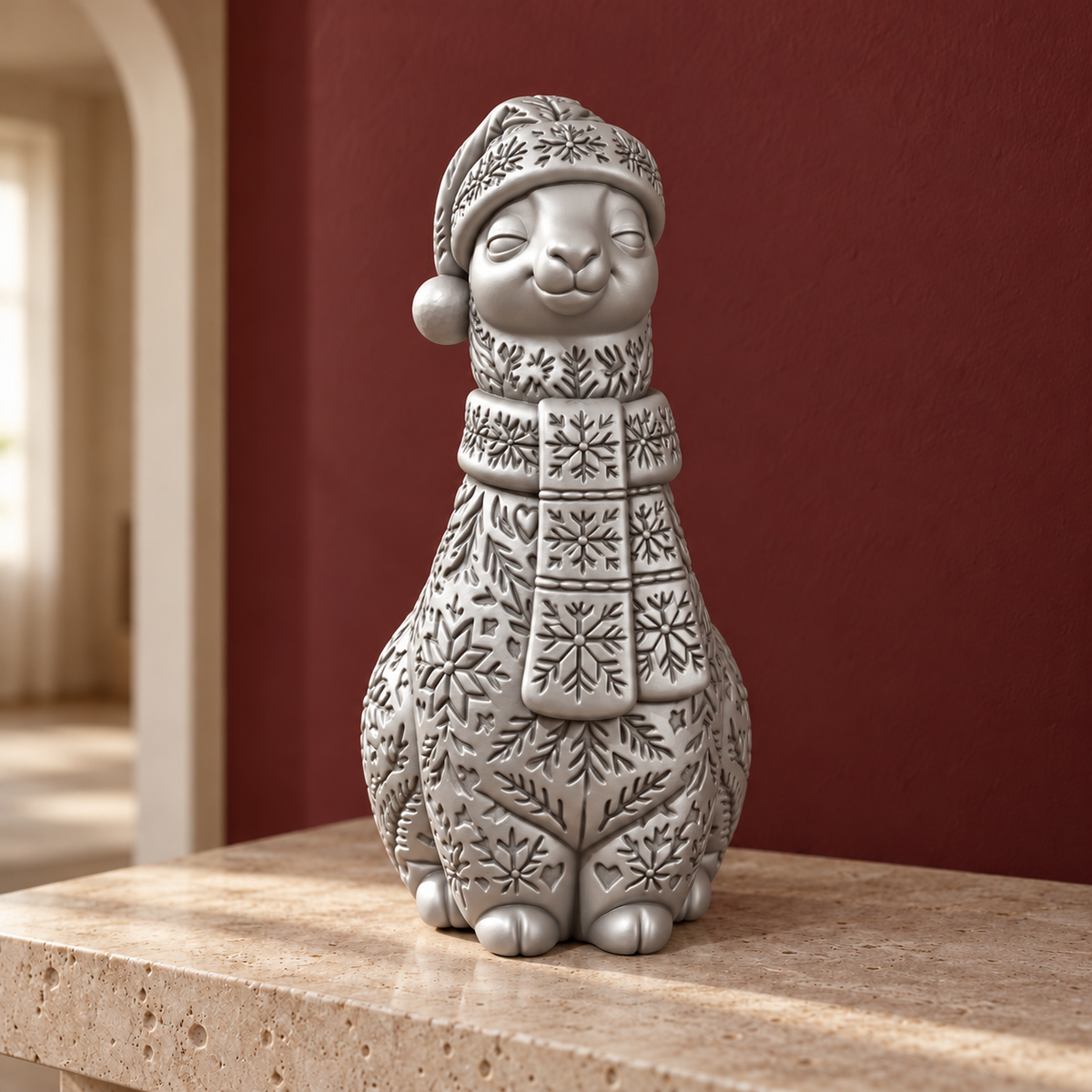 Lama mit Weihnachtsmütze – Silber – handbemalt | Visualisierung