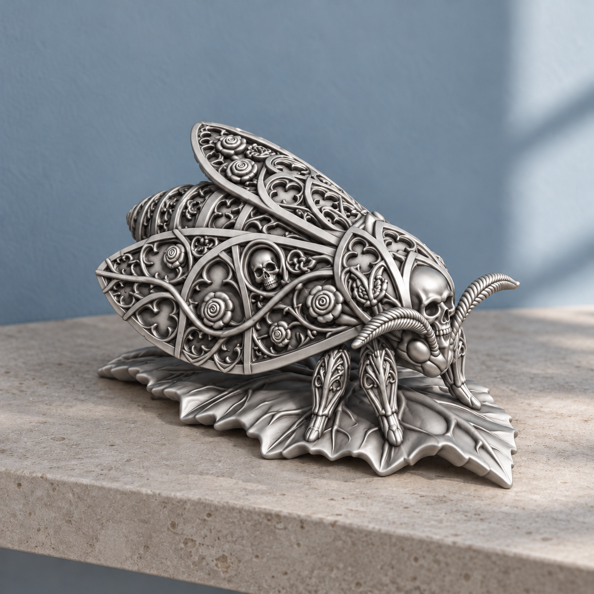 Totenkopf-Motte mit Ornamenten – Silber – handbemalt | Visualisierung