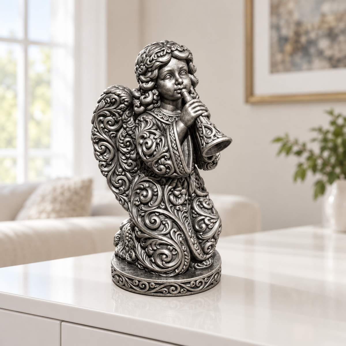 Engel mit Posaune Ornament - Silber handbemalt Wohnzimmer