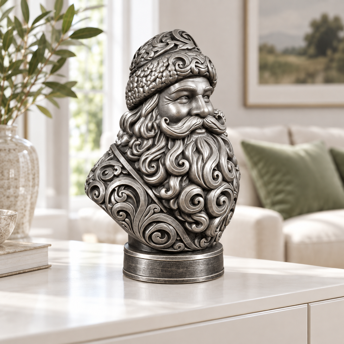 Weihnachtsmann-Büste Ornament - Silber handbemalt Wohnzimmer