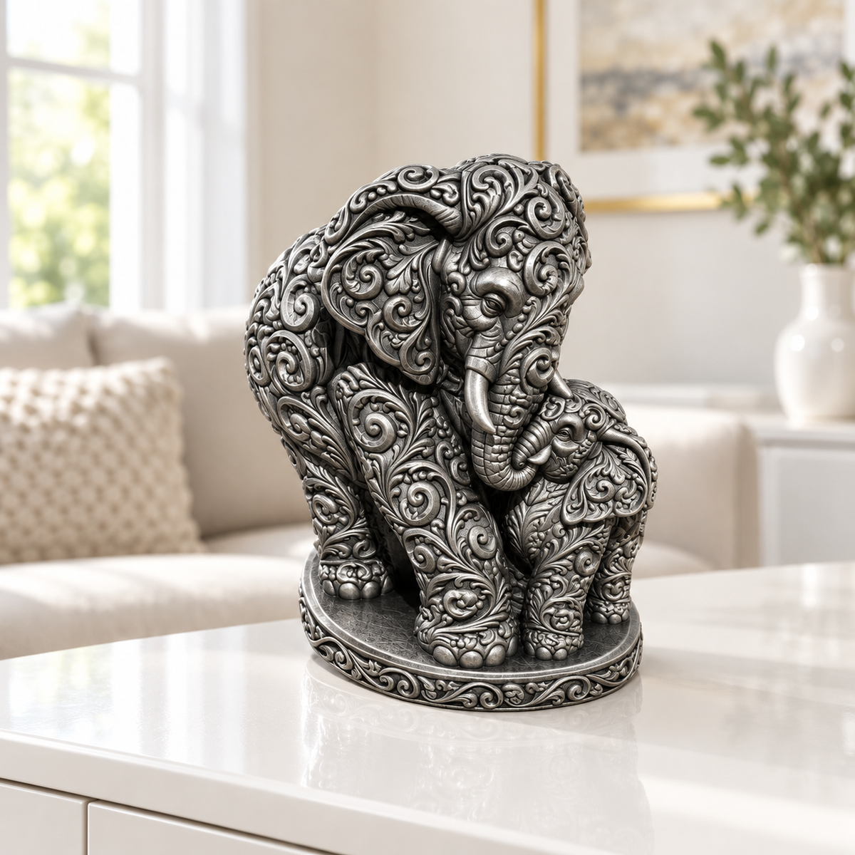 Elefant mit Kalb Ornament - Silber handbemalt Wohnzimmer
