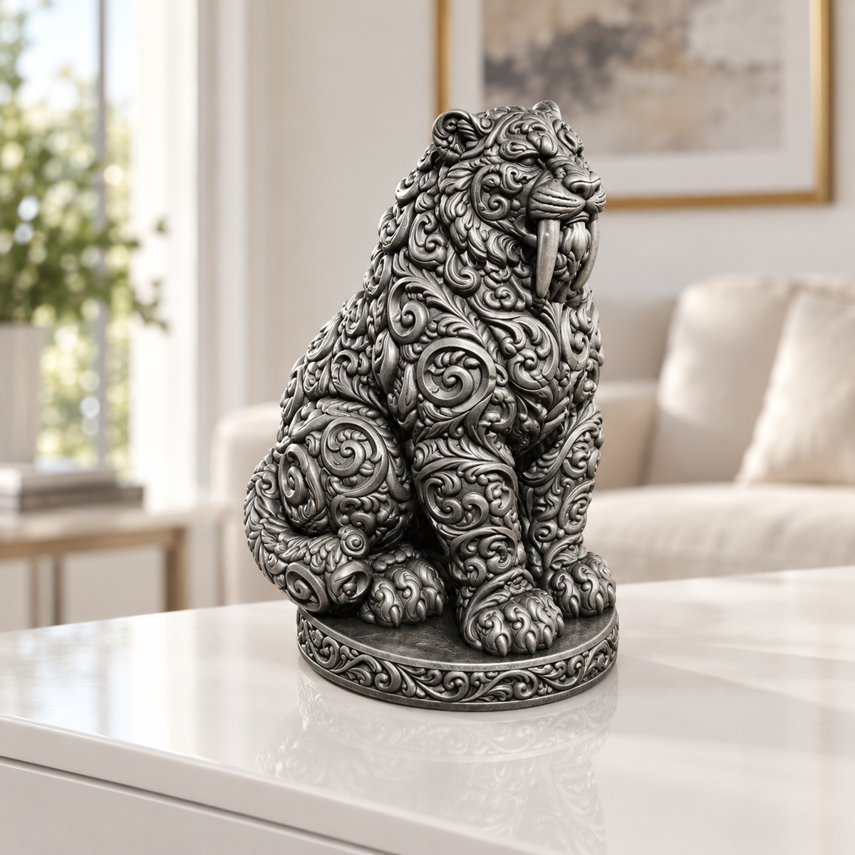 Säbelzahntiger Ornament - Silber handbemalt Wohnzimmer