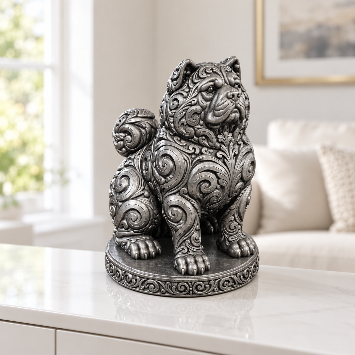 Akita Inu sitzend Ornament - Silber handbemalt Wohnzimmer