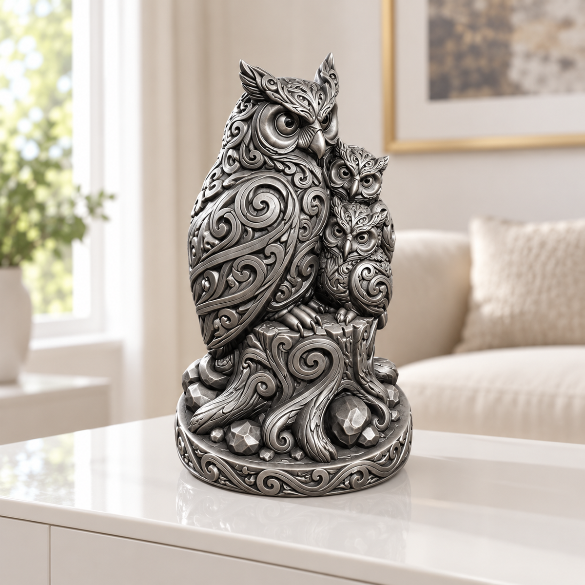 Eule mit zwei Jungen Ornament - Silber handbemalt Wohnzimmer