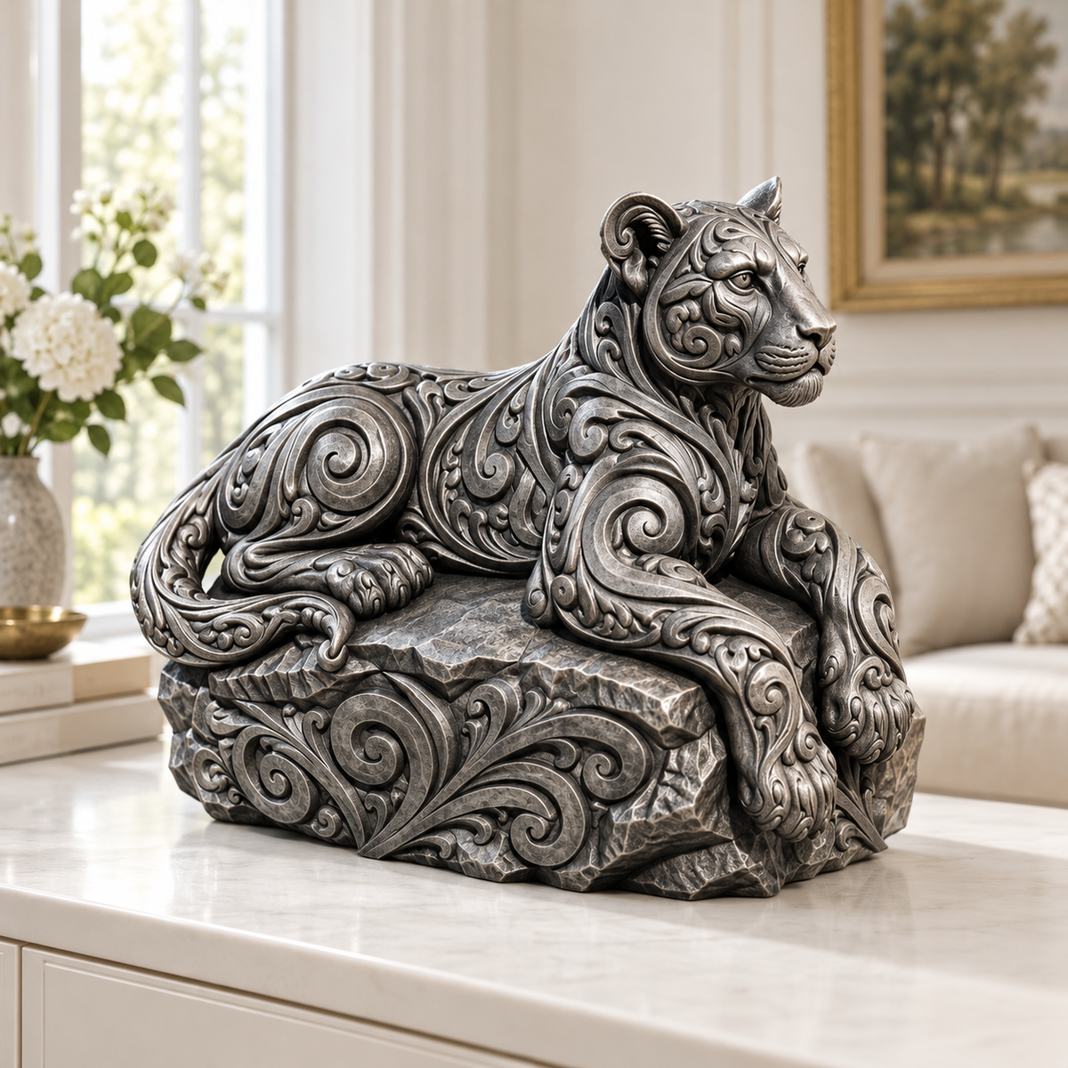 Löwin Ornament - Silber handbemalt Wohnzimmer