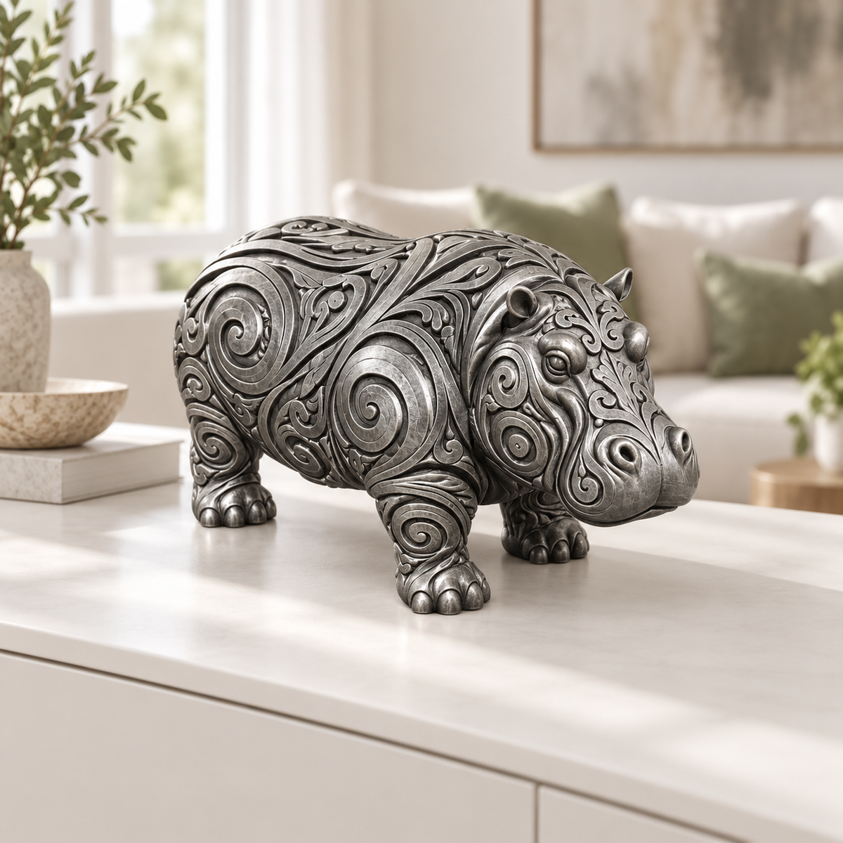 Nilpferd Ornament - Silber handbemalt Wohnzimmer
