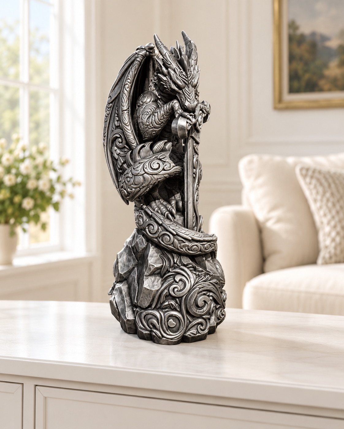 Drache mit Schwert Ornament - Silber handbemalt Wohnzimmer