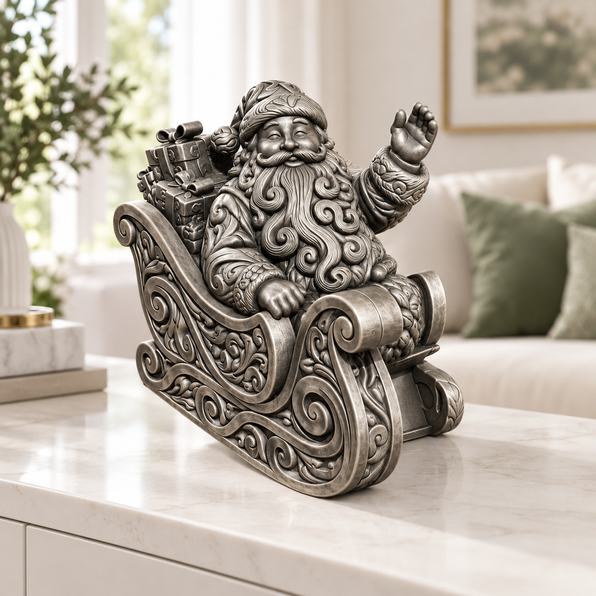 Santa im Schlitten Ornament - Silber handbemalt Wohnzimmer