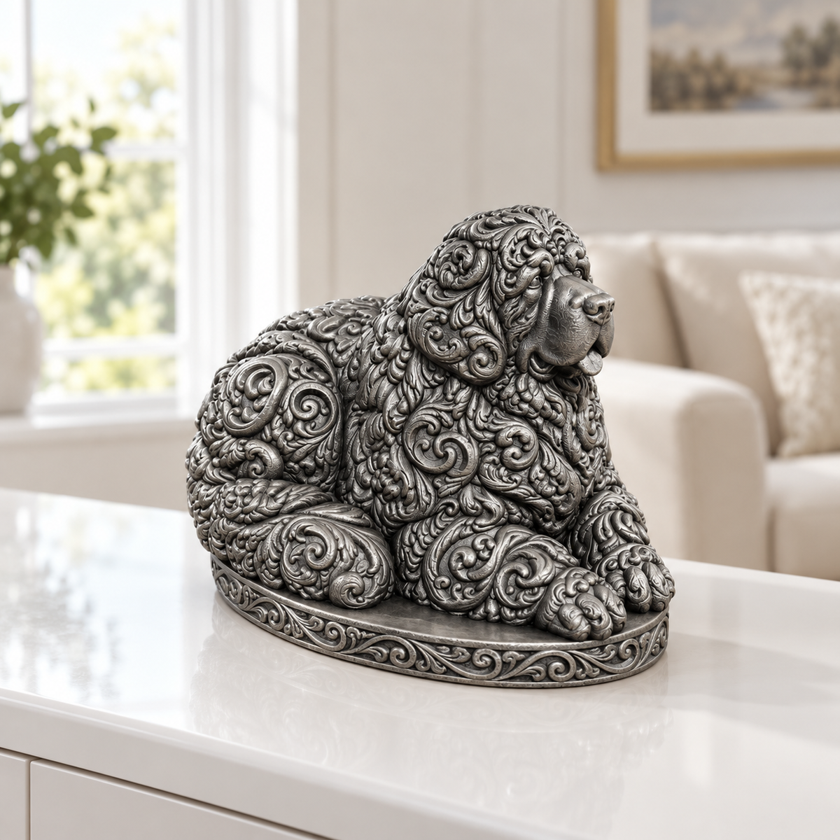 Neufundländer liegend Ornament - Silber handbemalt Wohnzimmer