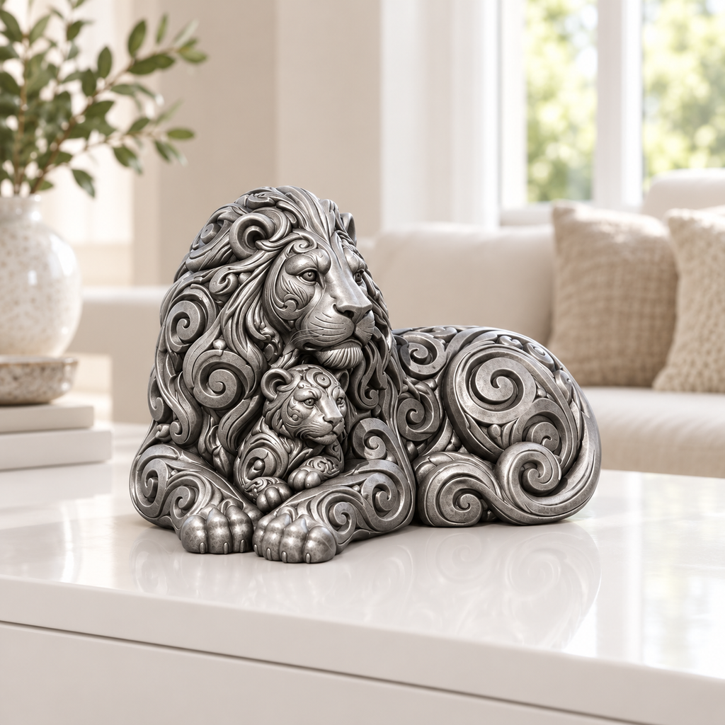 Löwe mit Jungem Ornament - Silber handbemalt Wohnzimmer