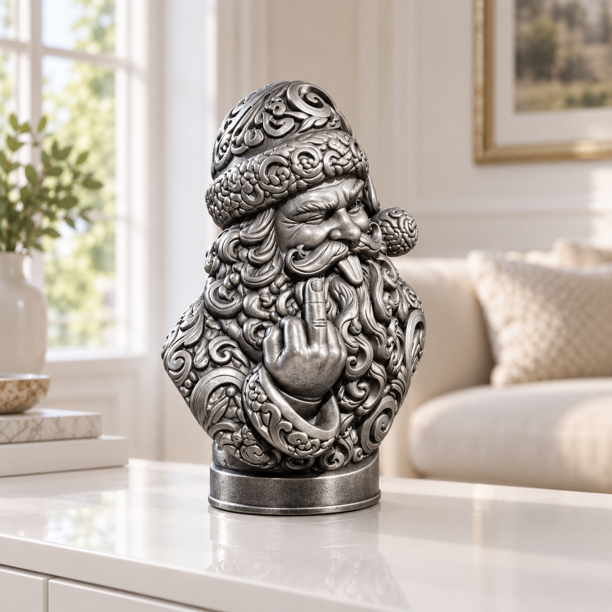 Freche Santa Büste Ornament - Silber handbemalt Wohnzimmer
