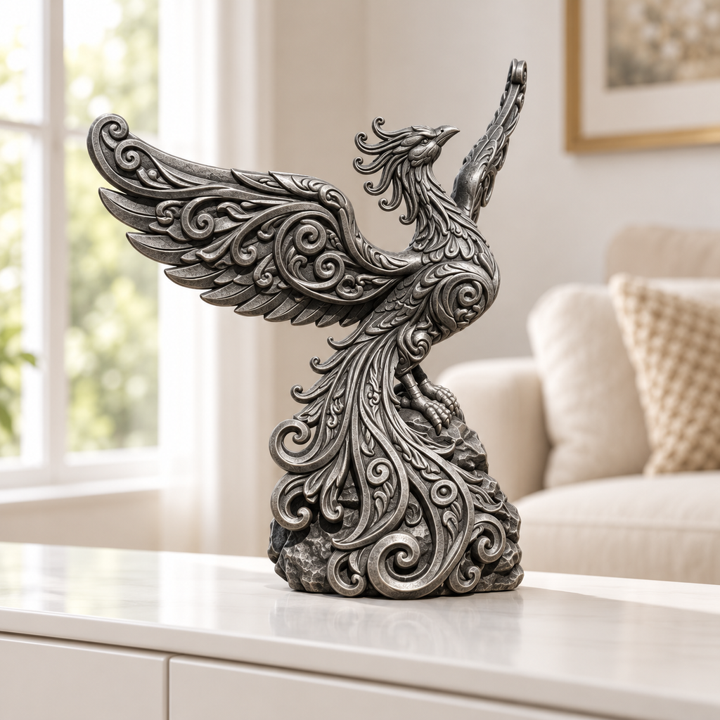 Phönix mit Schwingen Ornament - Silber handbemalt Wohnzimmer