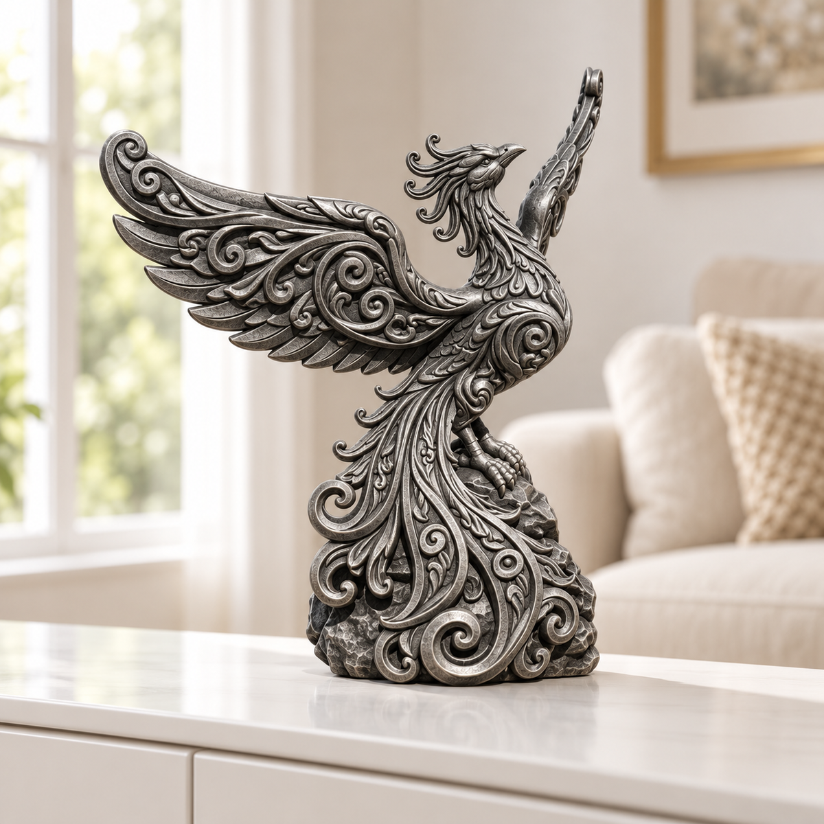 Phönix mit Schwingen Ornament - Silber handbemalt Wohnzimmer