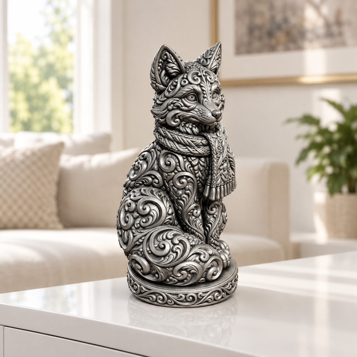 Fuchs mit Schal Ornament - Silber handbemalt Wohnzimmer