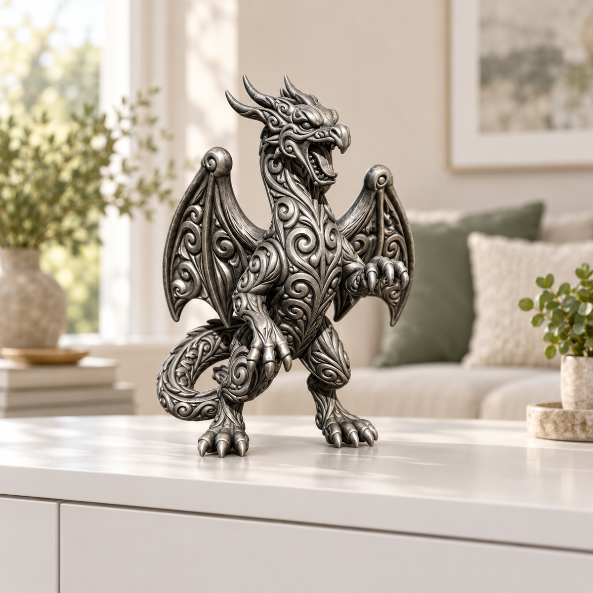 Brüllender Drache Ornament - Silber handbemalt Wohnzimmer