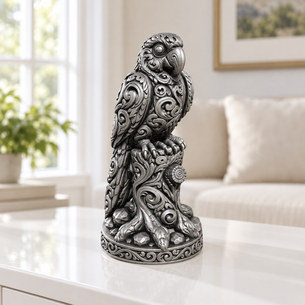 Ara auf Baumstumpf Ornament - Silber handbemalt Wohnzimmer