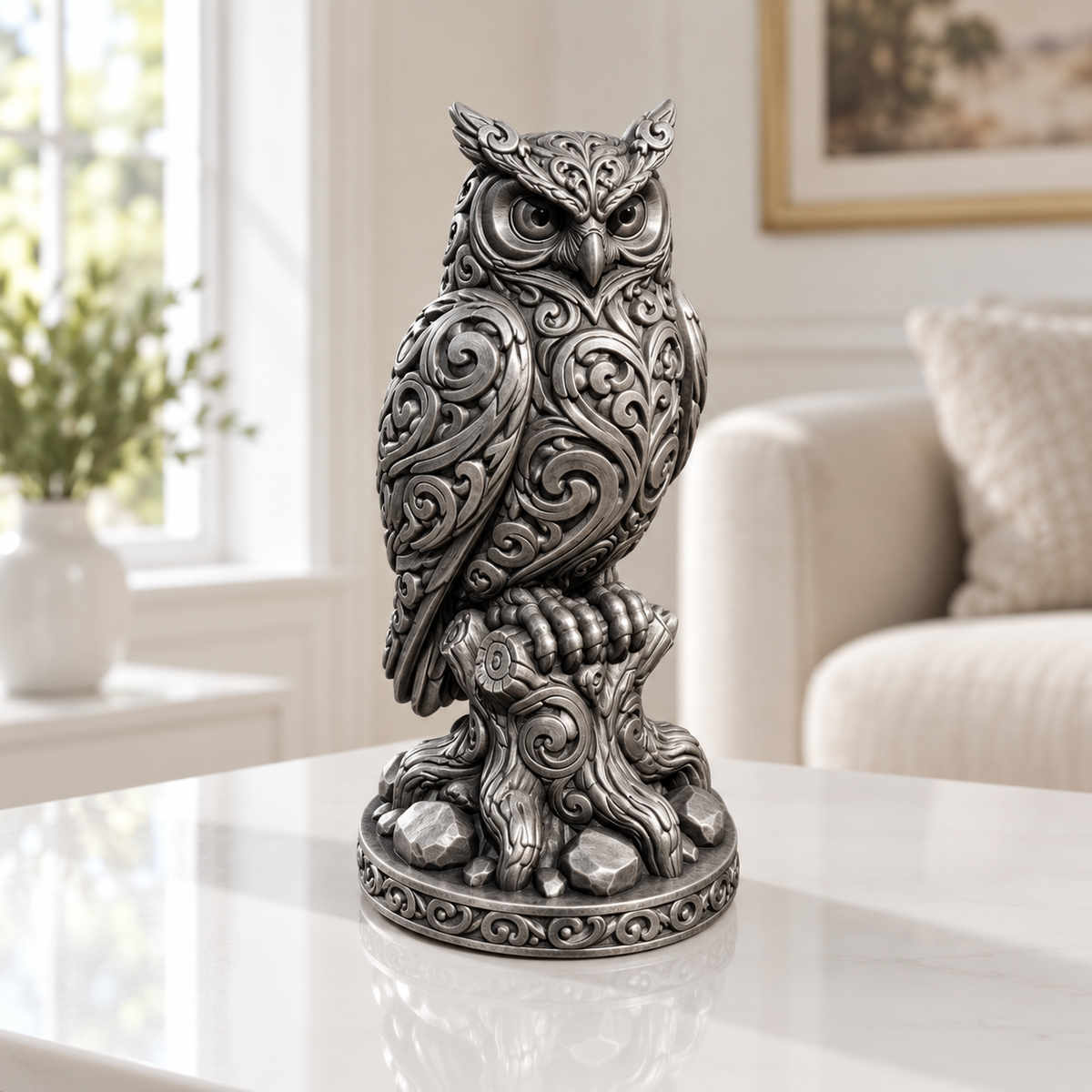Uhu auf Baumstumpf Ornament - Silber handbemalt Wohnzimmer