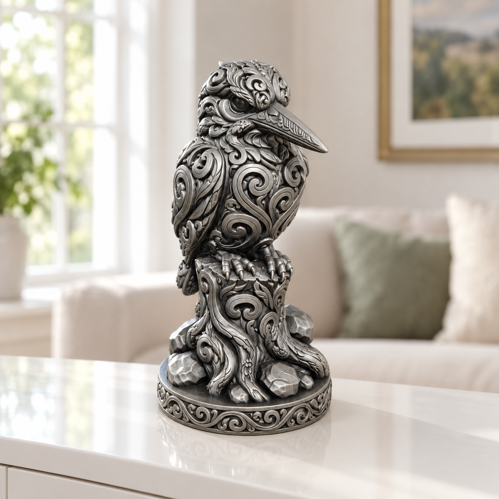 Eisvogel auf Stamm Ornament - Silber handbemalt Wohnzimmer
