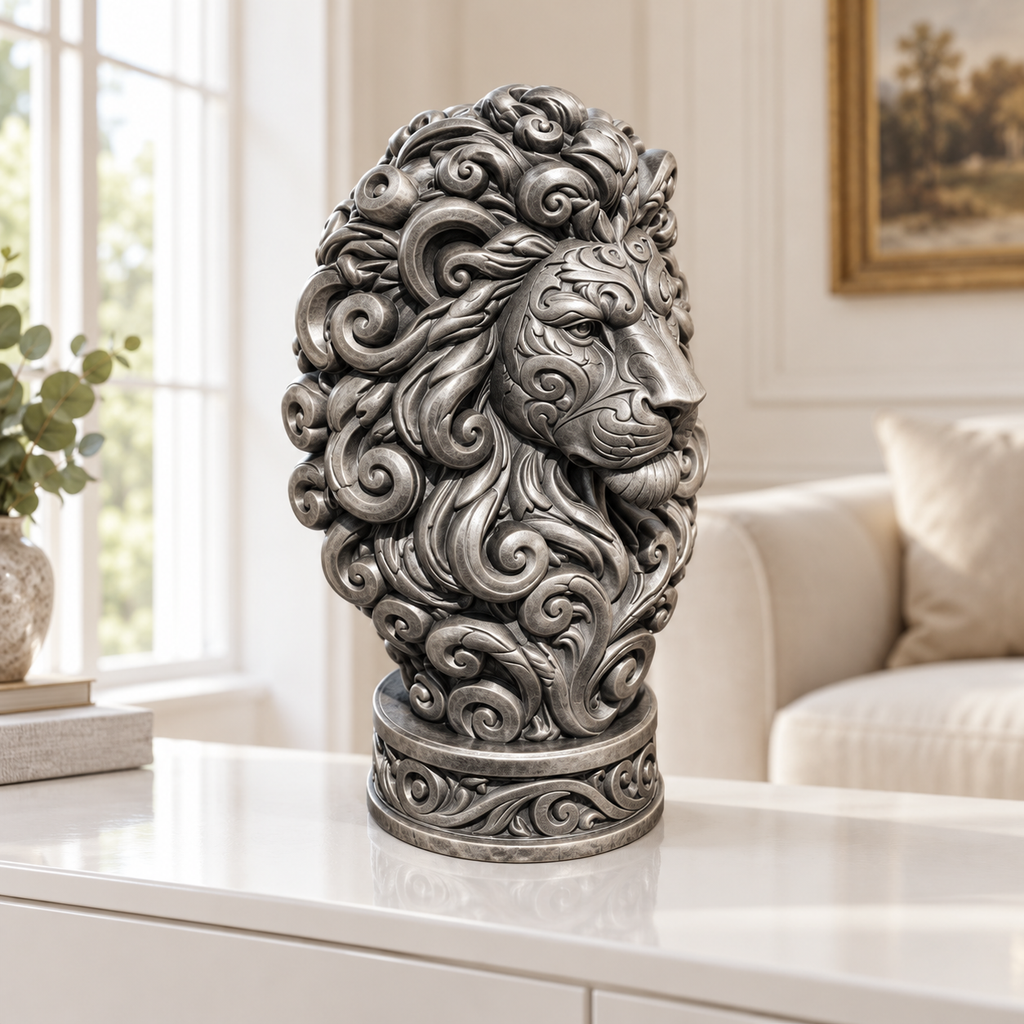 Löwenbüste Ornament - Silber handbemalt Wohnzimmer