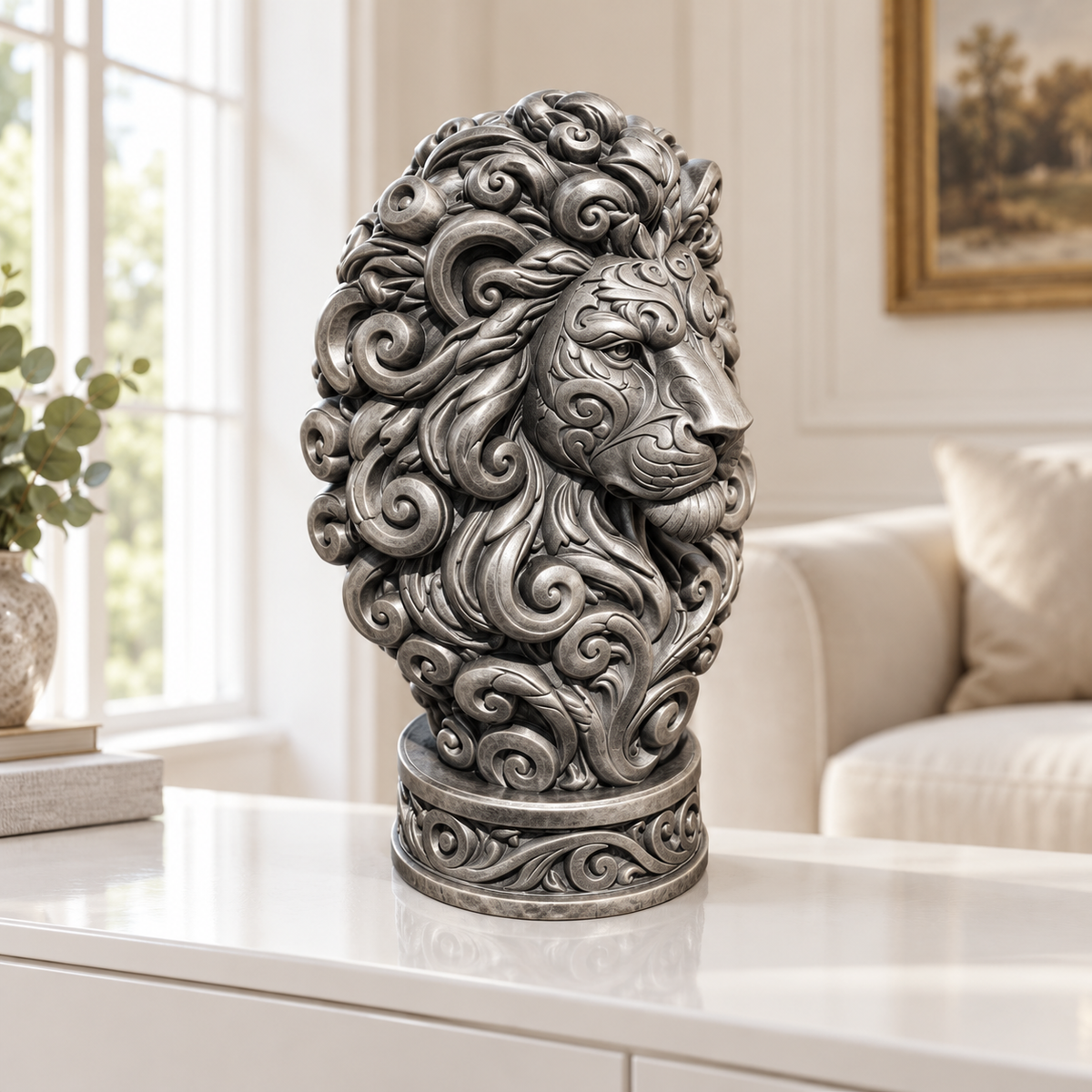 Löwenbüste Ornament - Silber handbemalt Wohnzimmer