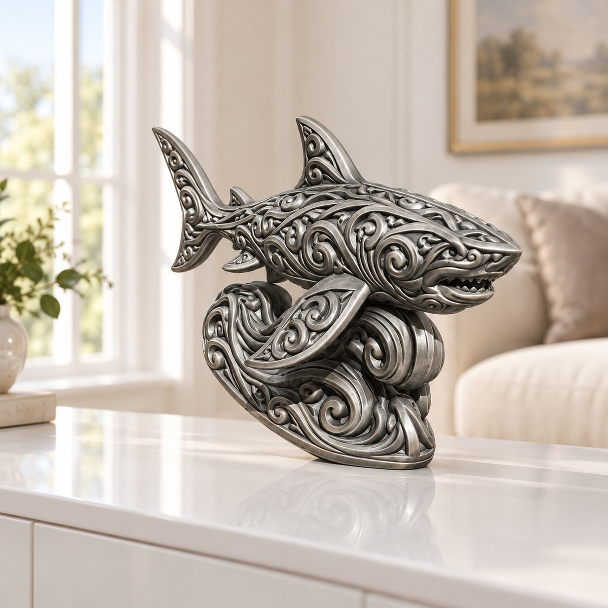 Hai auf Welle Ornament - Silber handbemalt Wohnzimmer