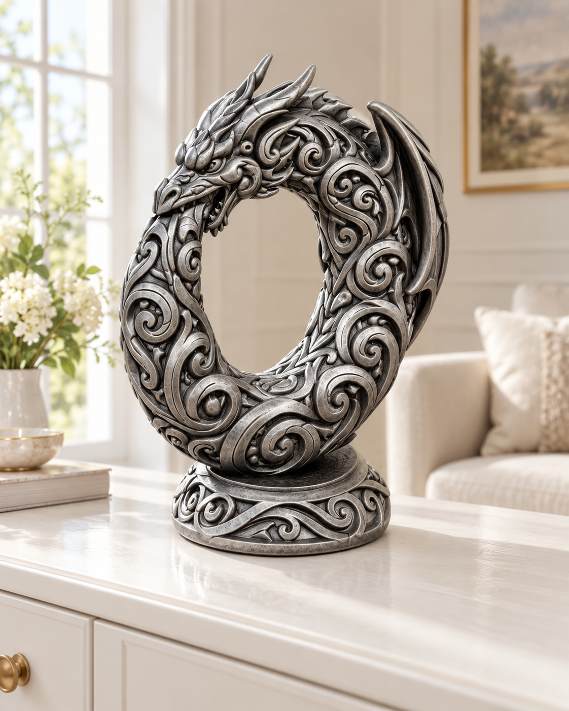 Ouroboros-Drache Ornament - Silber handbemalt Wohnzimmer