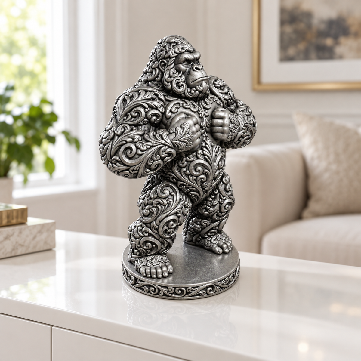 Gorilla trommelnd Ornament - Silber handbemalt Wohnzimmer