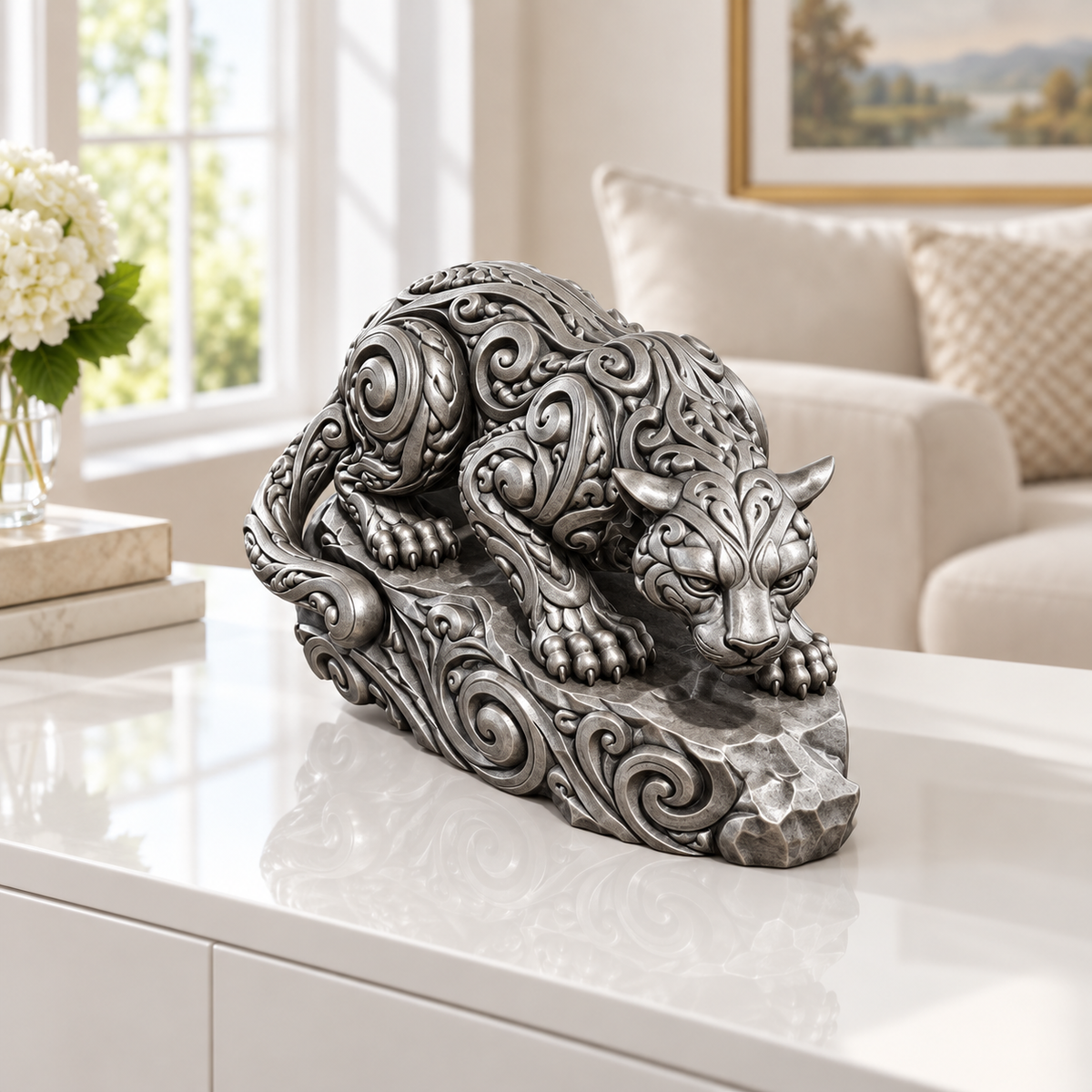 Sprungbereiter Puma Ornament - Silber handbemalt Wohnzimmer