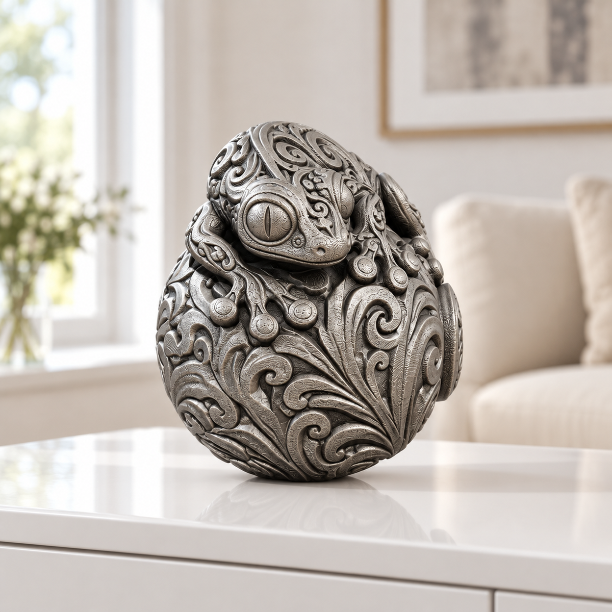 Gecko auf Kugel Ornament - Silber handbemalt Wohnzimmer