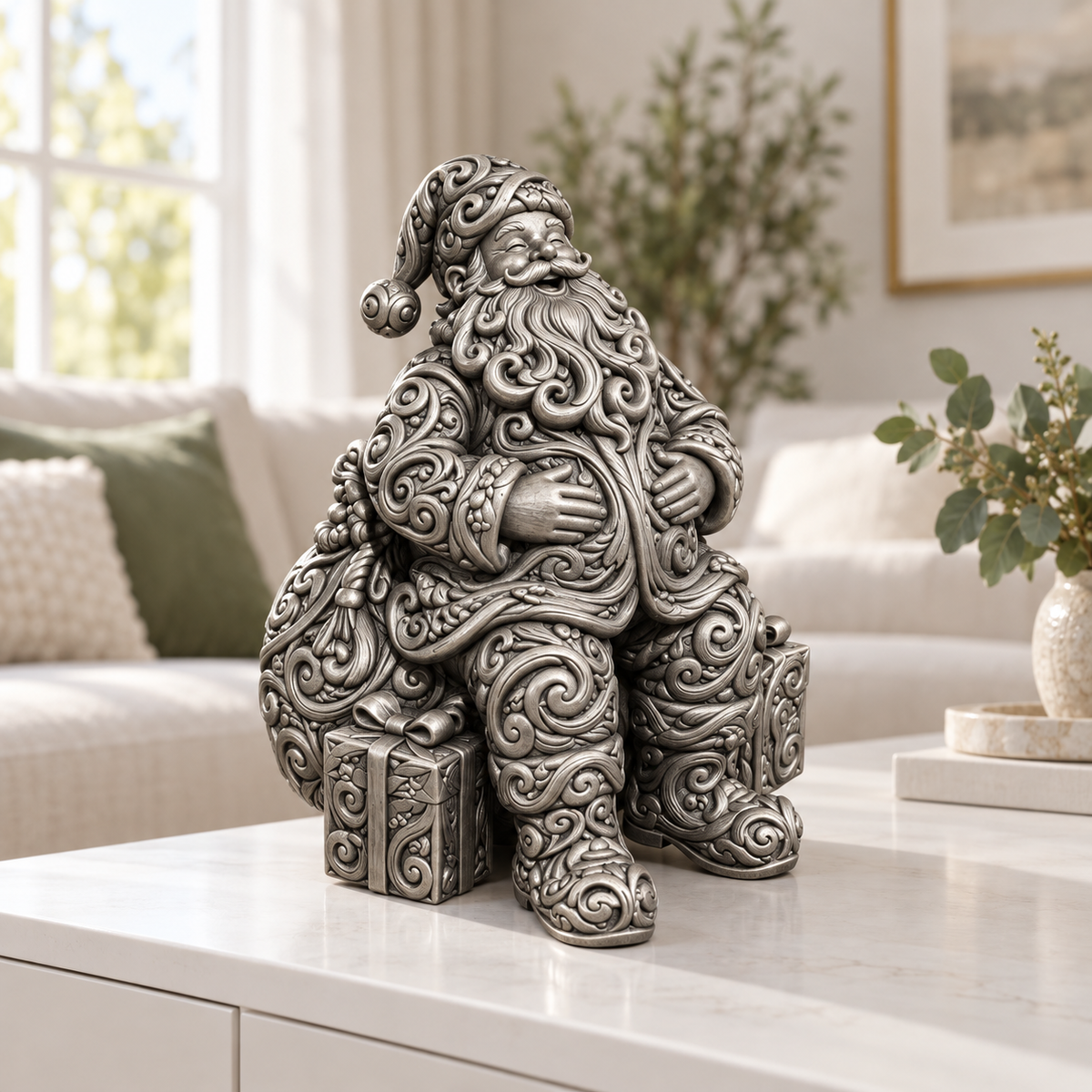Weihnachtsmann sitzend Ornament - Silber handbemalt Wohnzimmer
