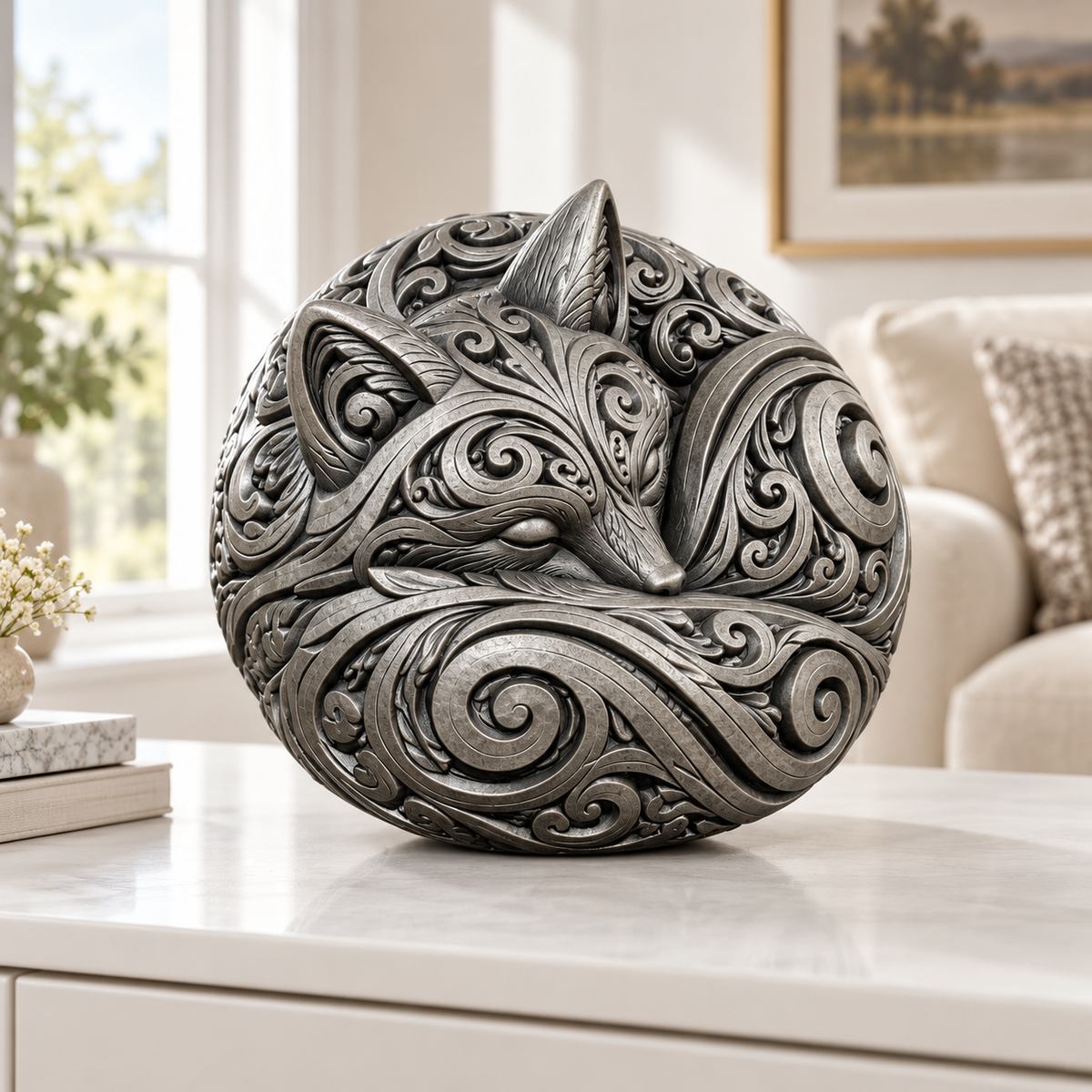 Schlafender Polarfuchs Ornament - Silber handbemalt Wohnzimmer