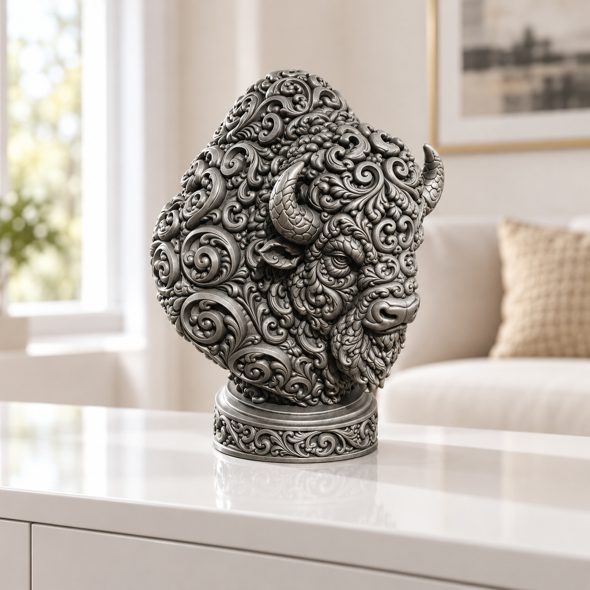 Bisonbüste Ornament - Silber handbemalt Wohnzimmer