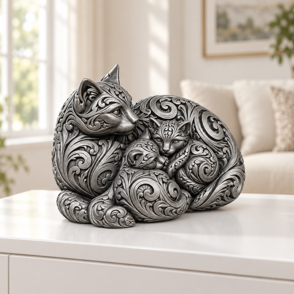 Katze mit Kätzchen Ornament - Silber handbemalt Wohnzimmer