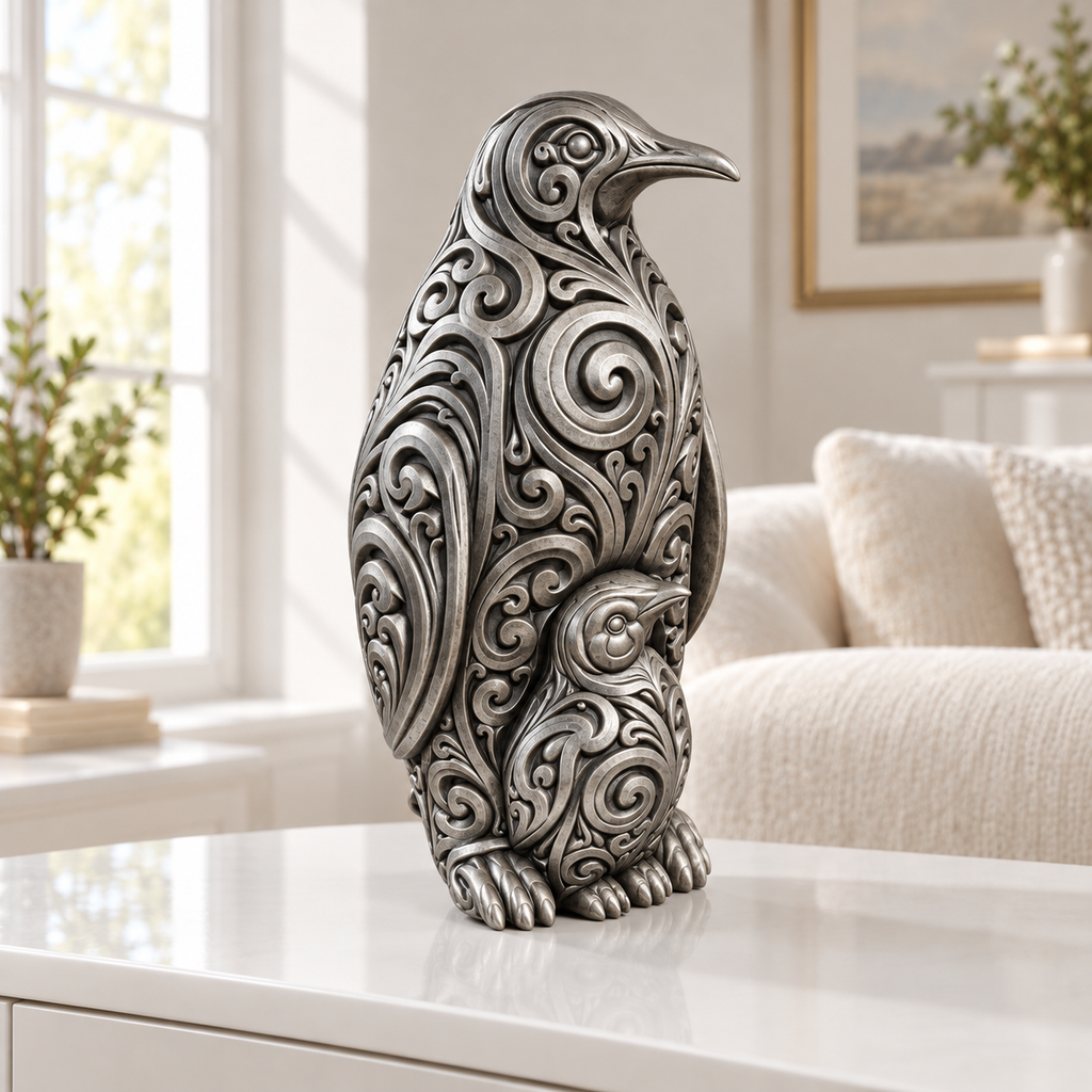 Pinguin mit Küken Ornament - Silber handbemalt Wohnzimmer