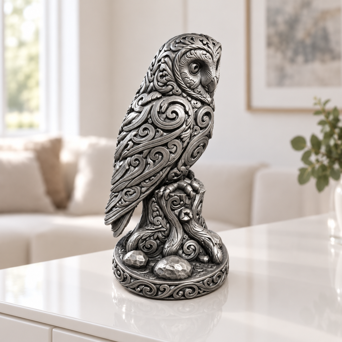 Schleiereule auf Stamm Ornament - Silber handbemalt Wohnzimmer