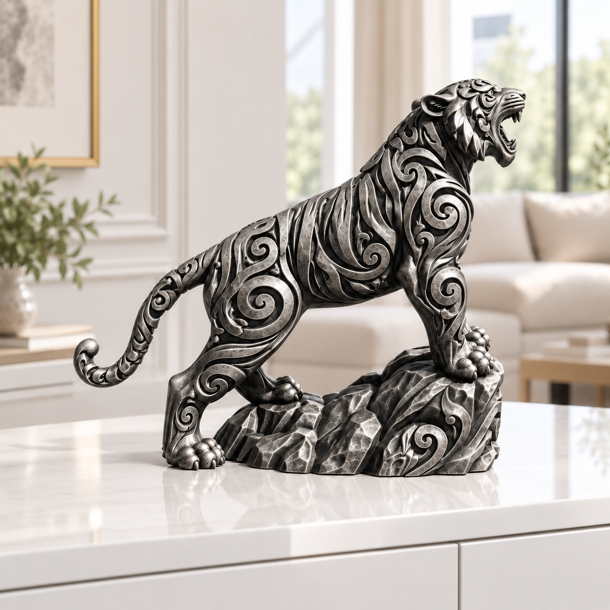 Brüllender Tiger Ornament - Silber handbemalt Wohnzimmer