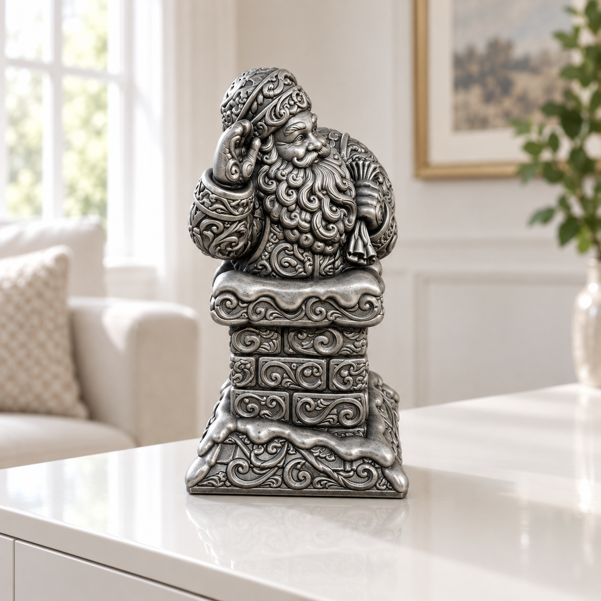 Weihnachtsmann am Kamin Ornament - Silber handbemalt Wohnzimmer