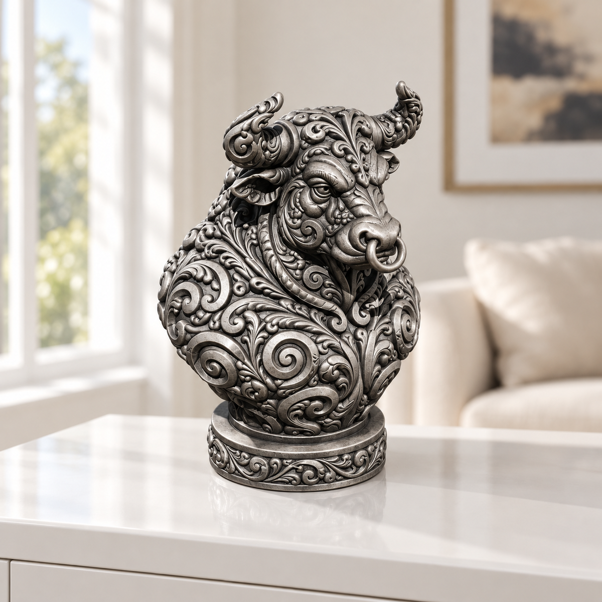 Stierbüste Ornament - Silber handbemalt Wohnzimmer