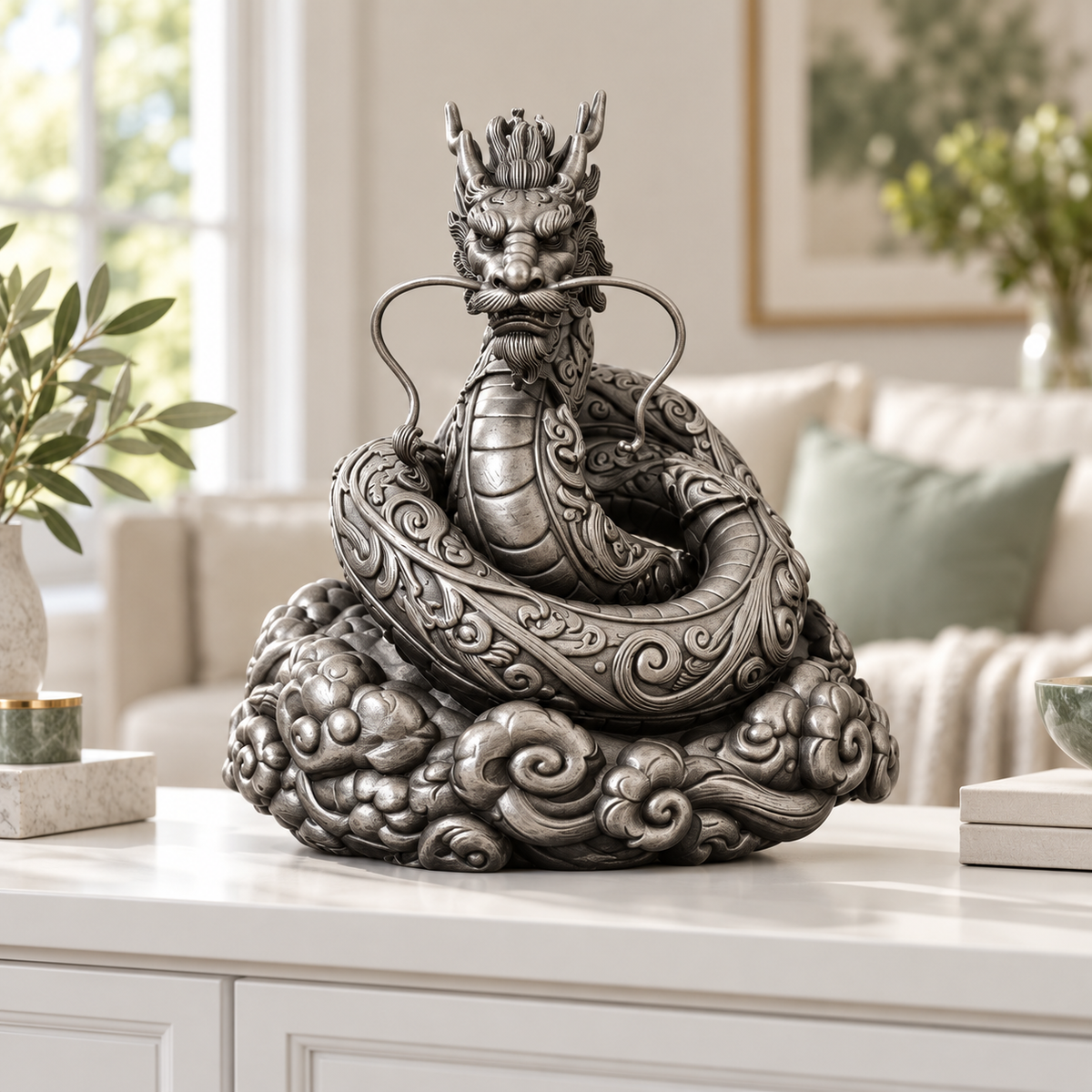 Asiatischer Drache Ornament - Silber handbemalt Wohnzimmer