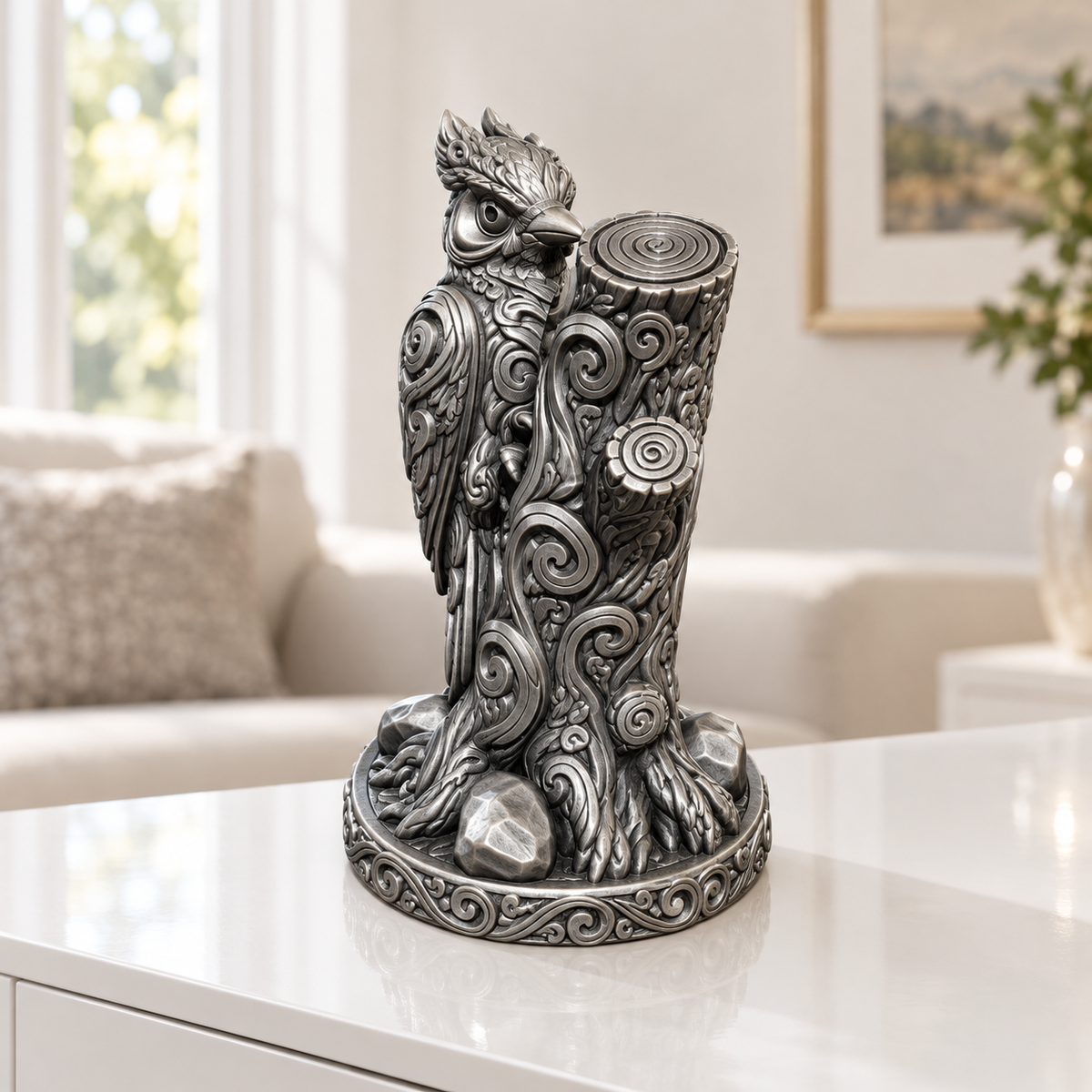 Specht am Stamm Ornament - Silber handbemalt Wohnzimmer