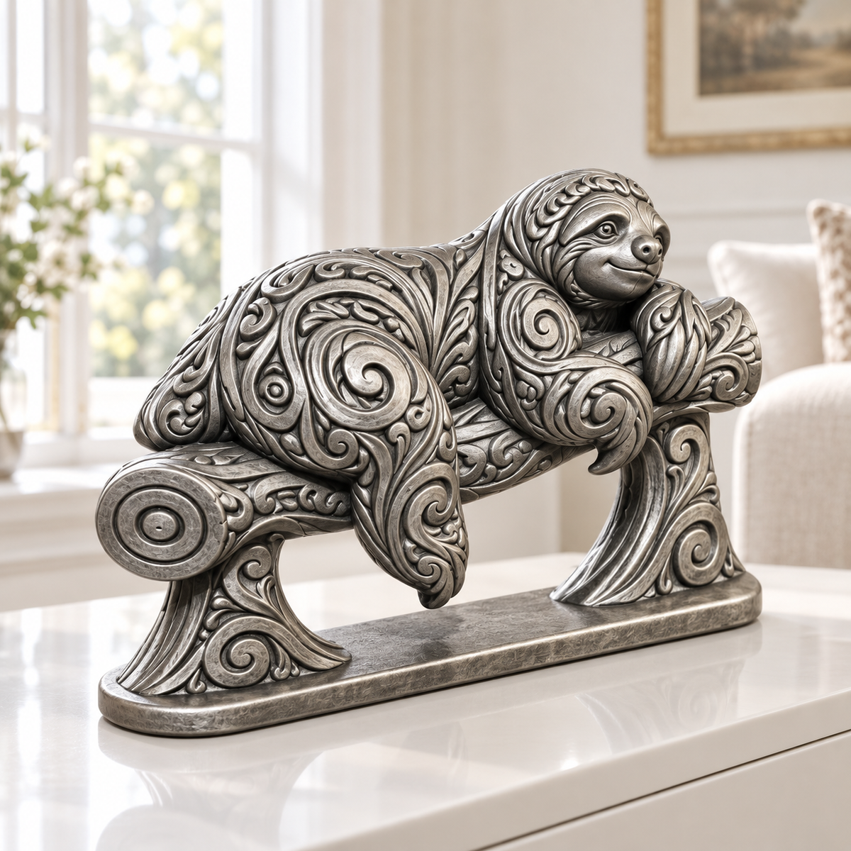Faultier auf Ast Ornament - Silber handbemalt Wohnzimmer