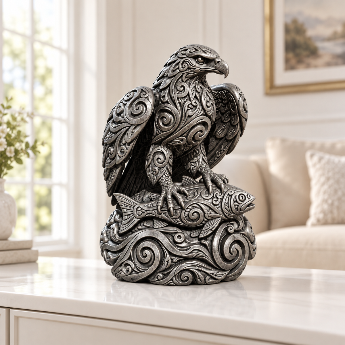Adler mit Fisch Ornament - Silber handbemalt Wohnzimmer