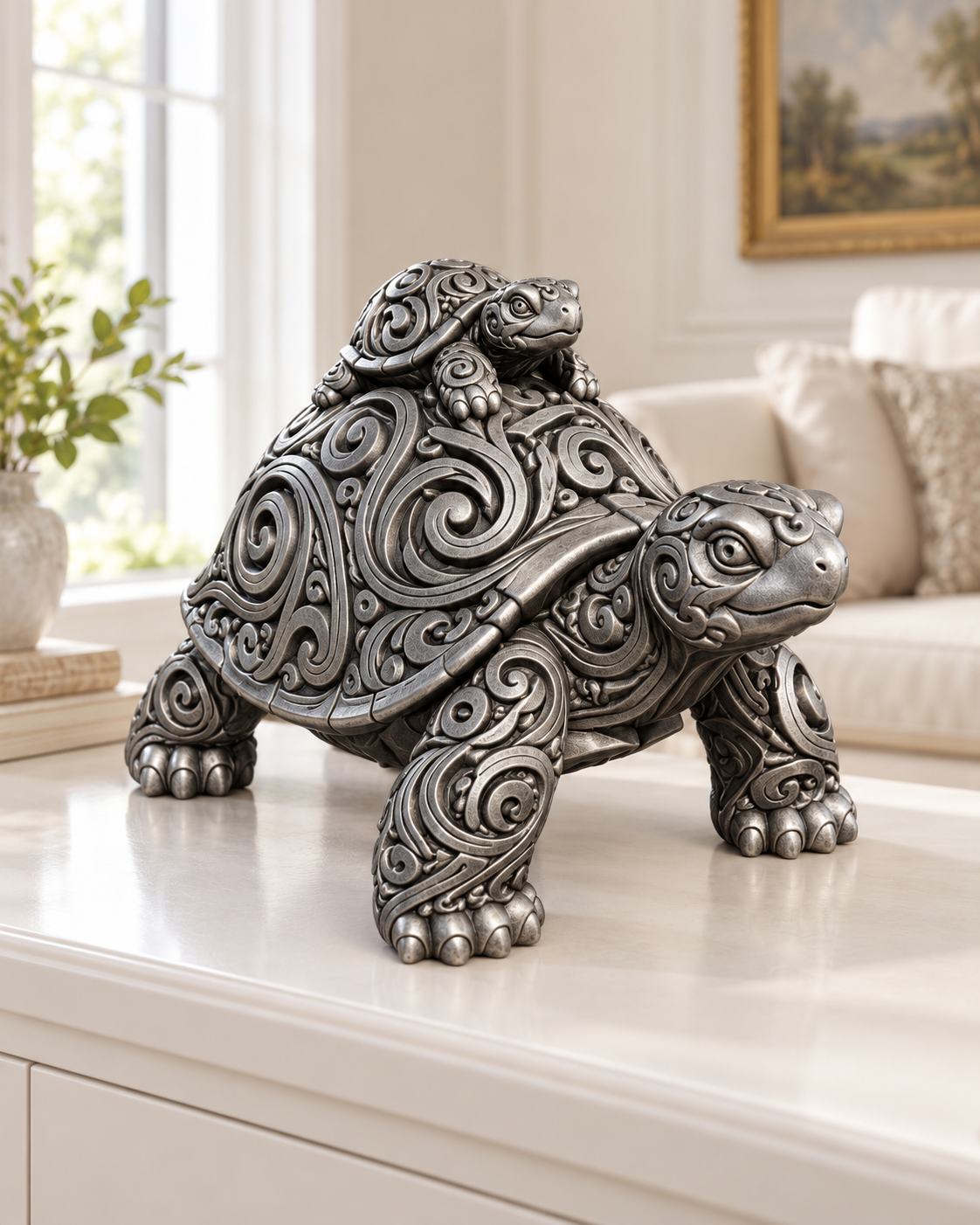 Schildkröte mit Baby Ornament - Silber handbemalt Wohnzimmer