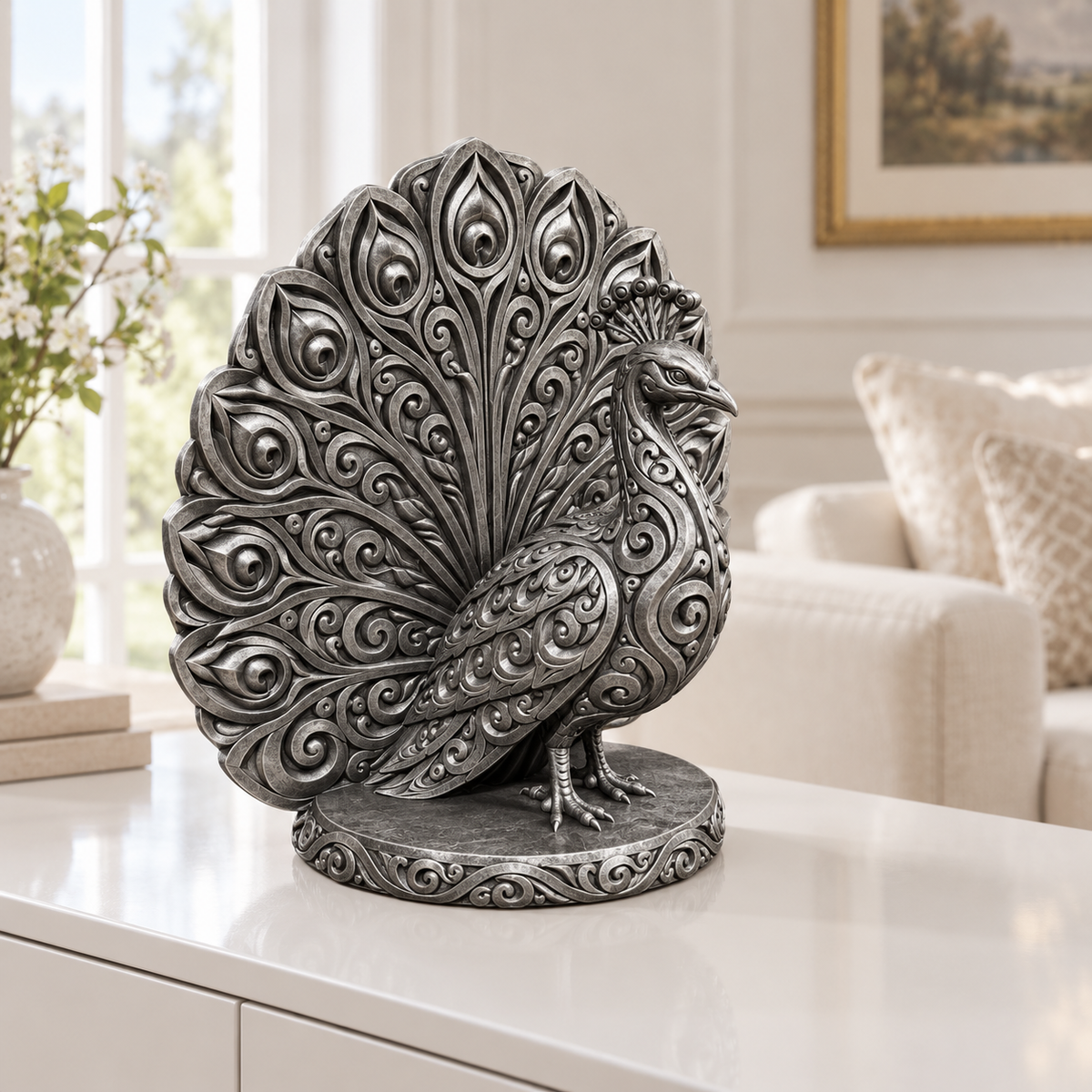 Pfau Ornament - Silber handbemalt Wohnzimmer