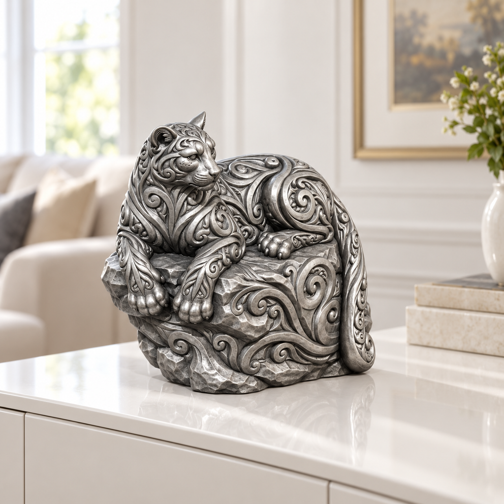 Puma auf Felsvorsprung Ornament - Silber handbemalt Wohnzimmer