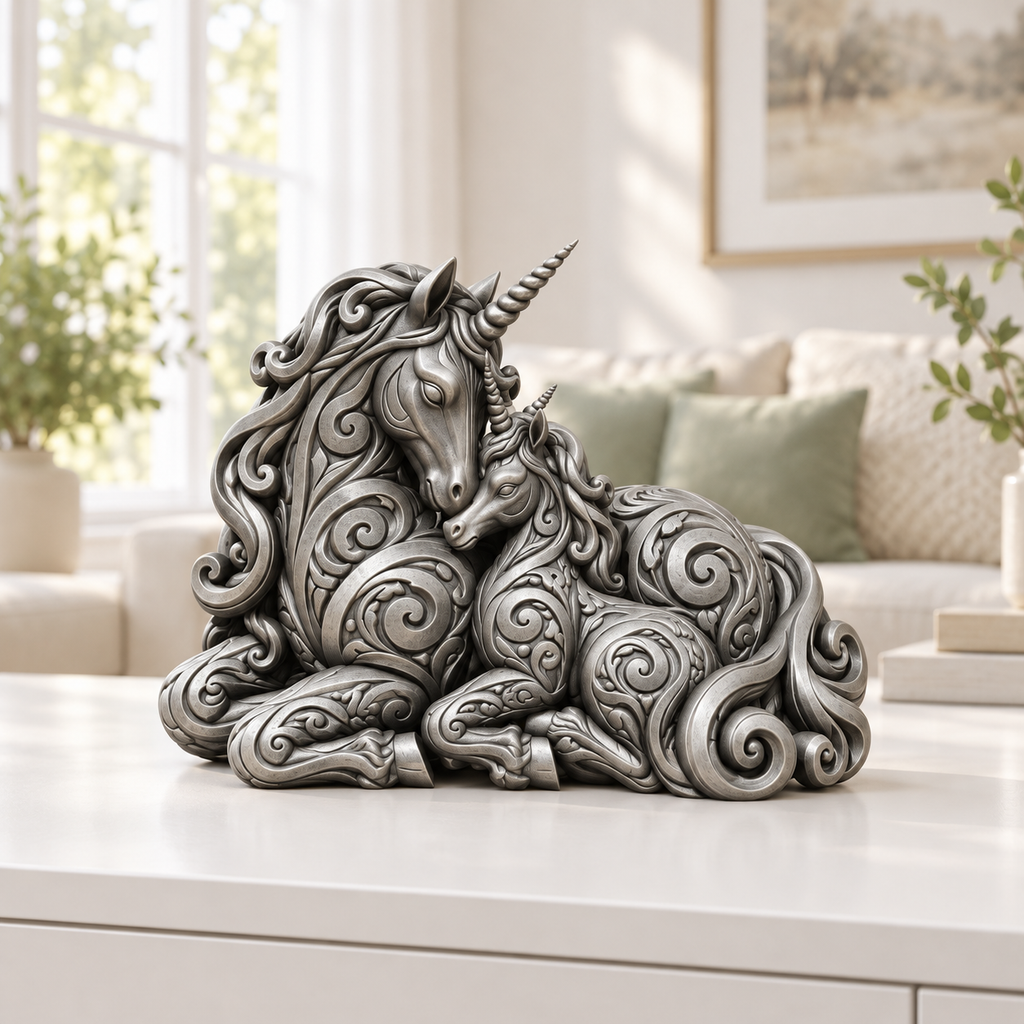 Einhorn mit Fohlen Ornament - Silber handbemalt Wohnzimmer